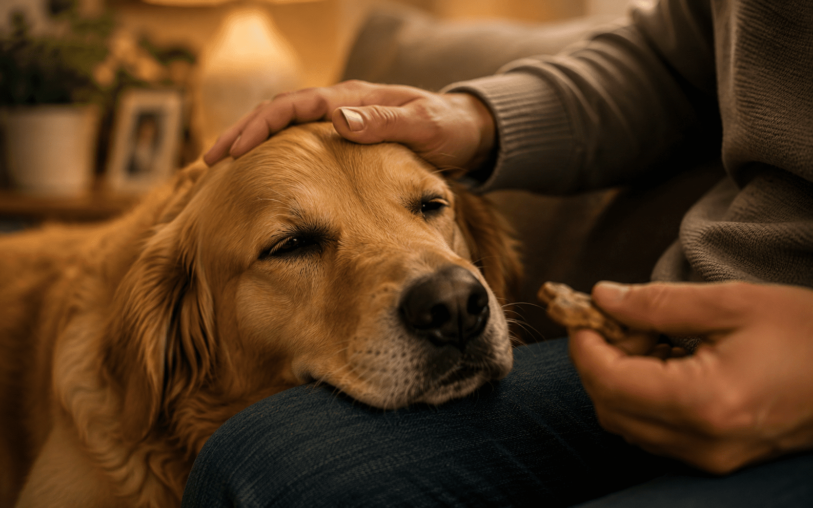 How to Calm a Dog During Thunderstorms 3 A person pets a golden retriever on a cozy couch, using a treat to gently engage the happy dog.