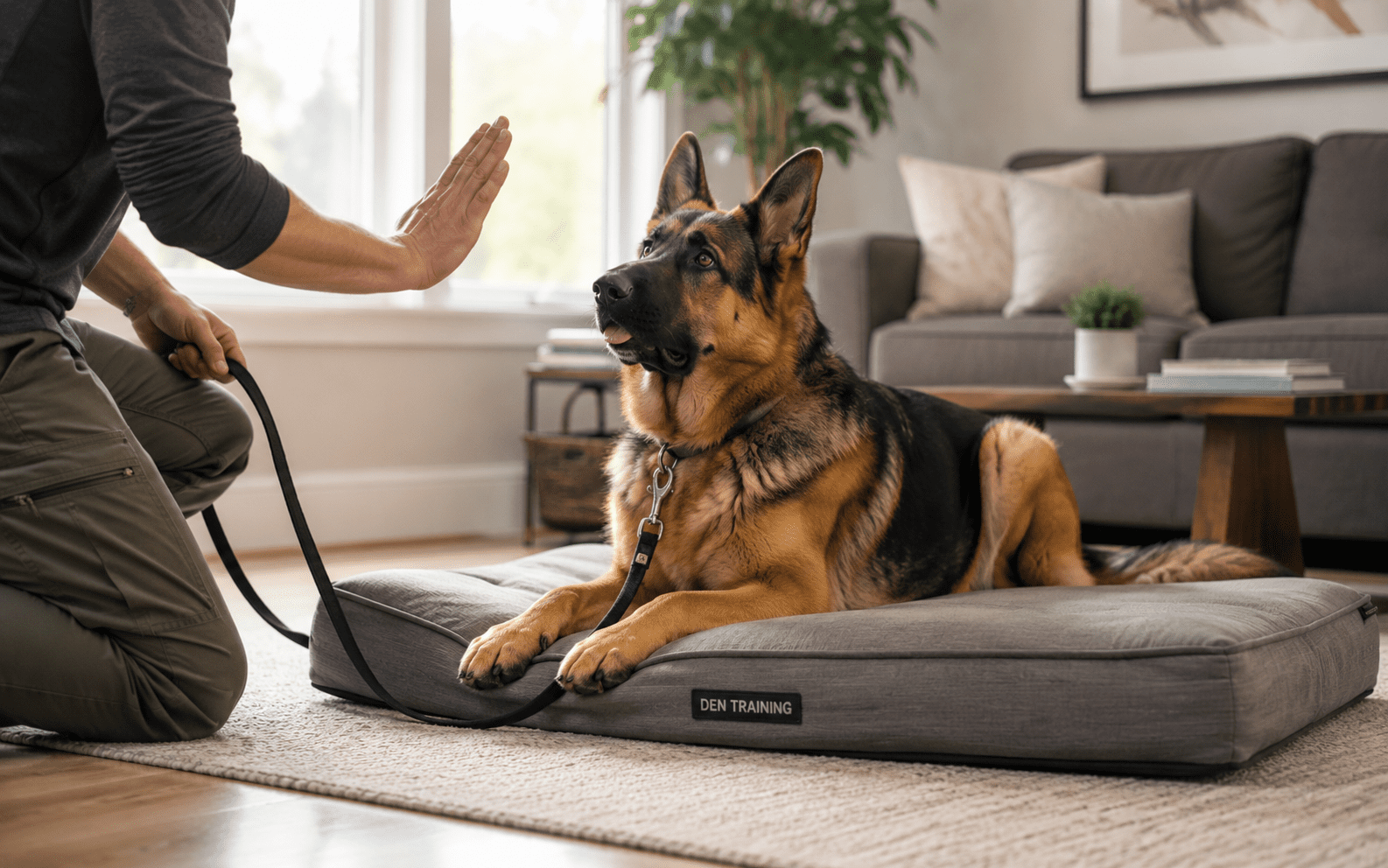 Why Does My Dog Dig in His Bed? 7 Reasons Behind This Strange Bedtime Ritual 5 A German Shepherd on a dog bed follows a hand signal from a person in a cozy living room setting.