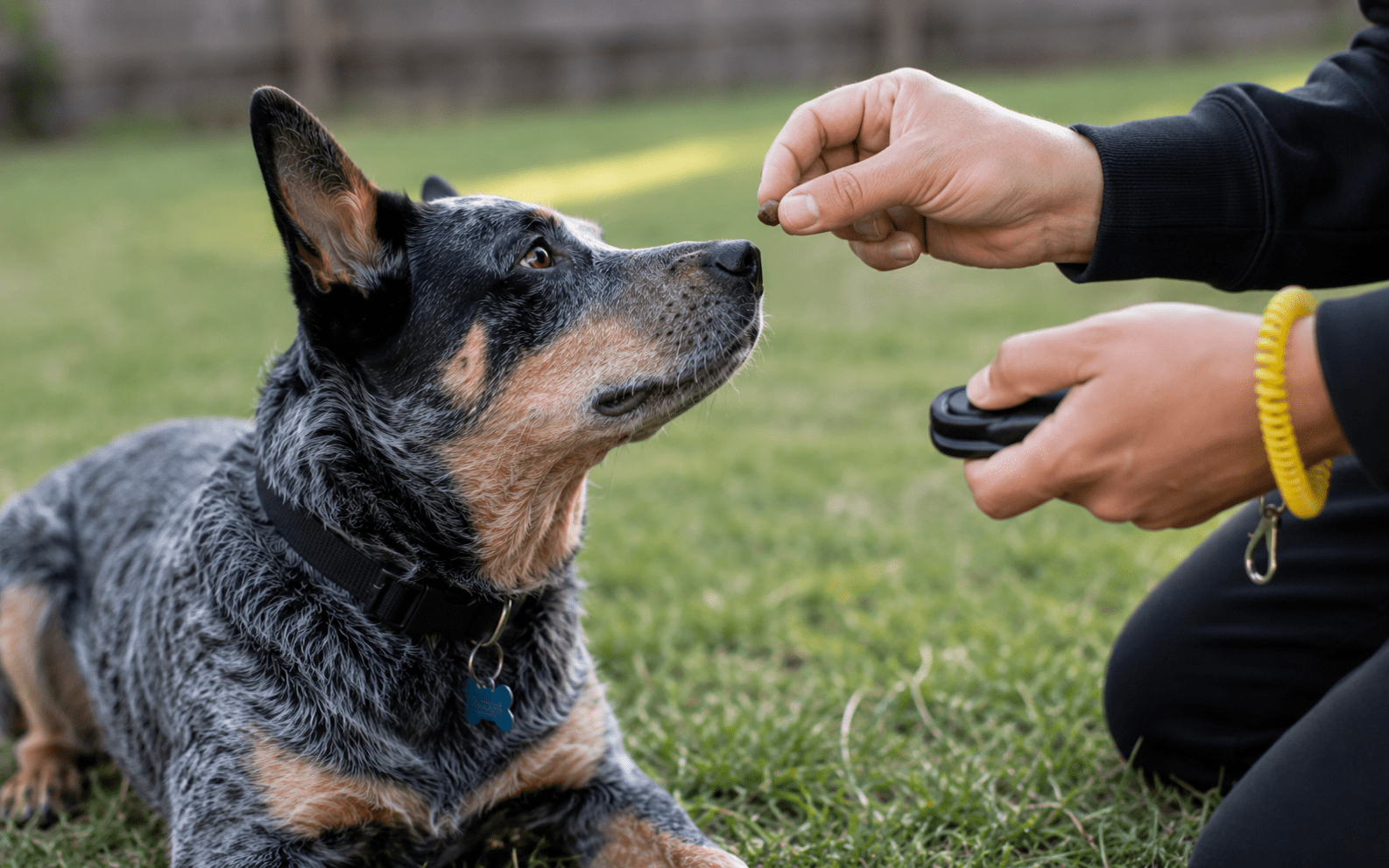 How to Train an Australian Shepherd: Proven Techniques for a Well-Behaved Dog 2 A dog lying on grass watches a treat as a person uses a clicker to train the attentive dog outdoors.