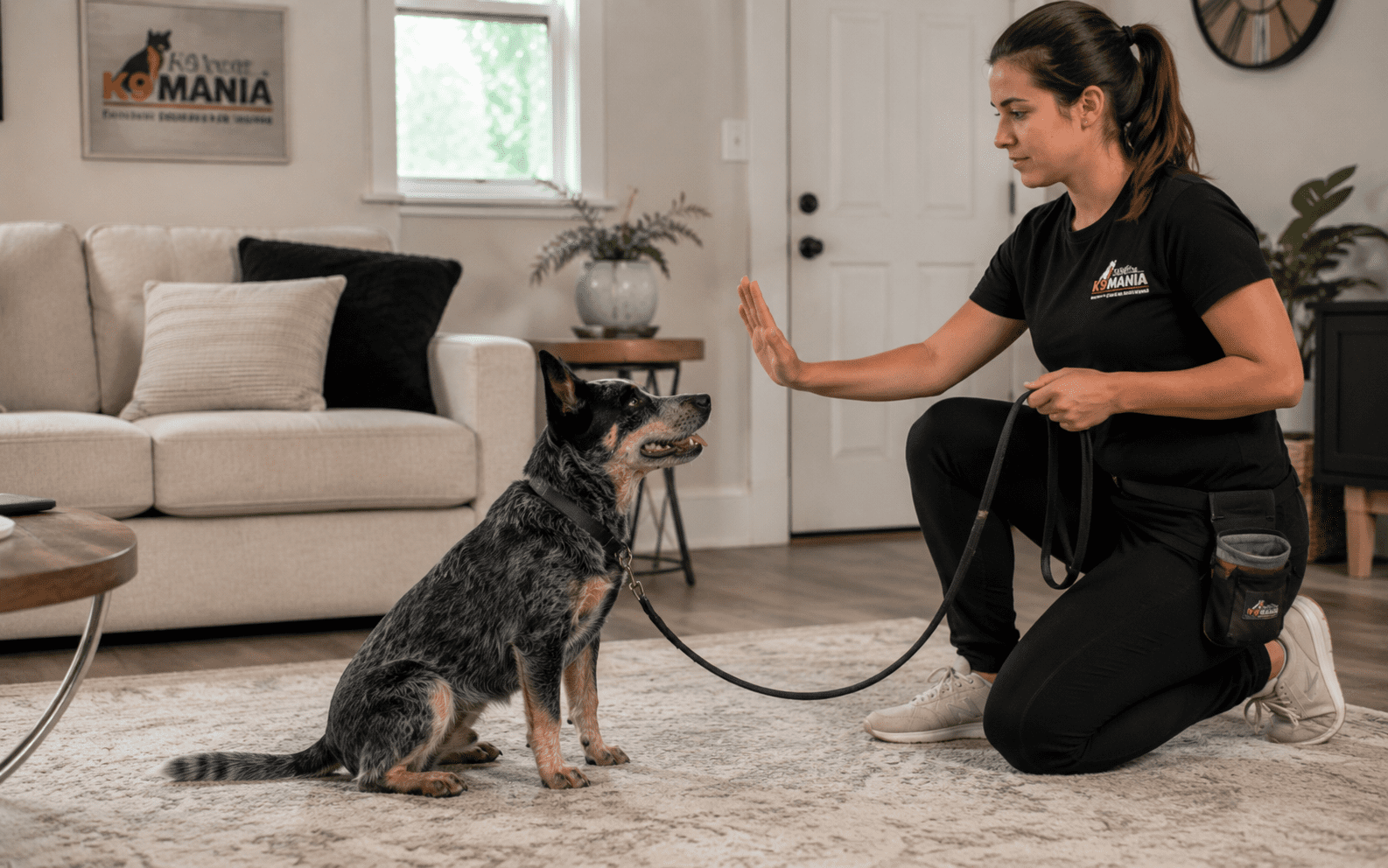 How to Train an Australian Shepherd: Proven Techniques for a Well-Behaved Dog 5 A woman kneels in a living room, training her dog to sit and give a high-five as part of obedience training.