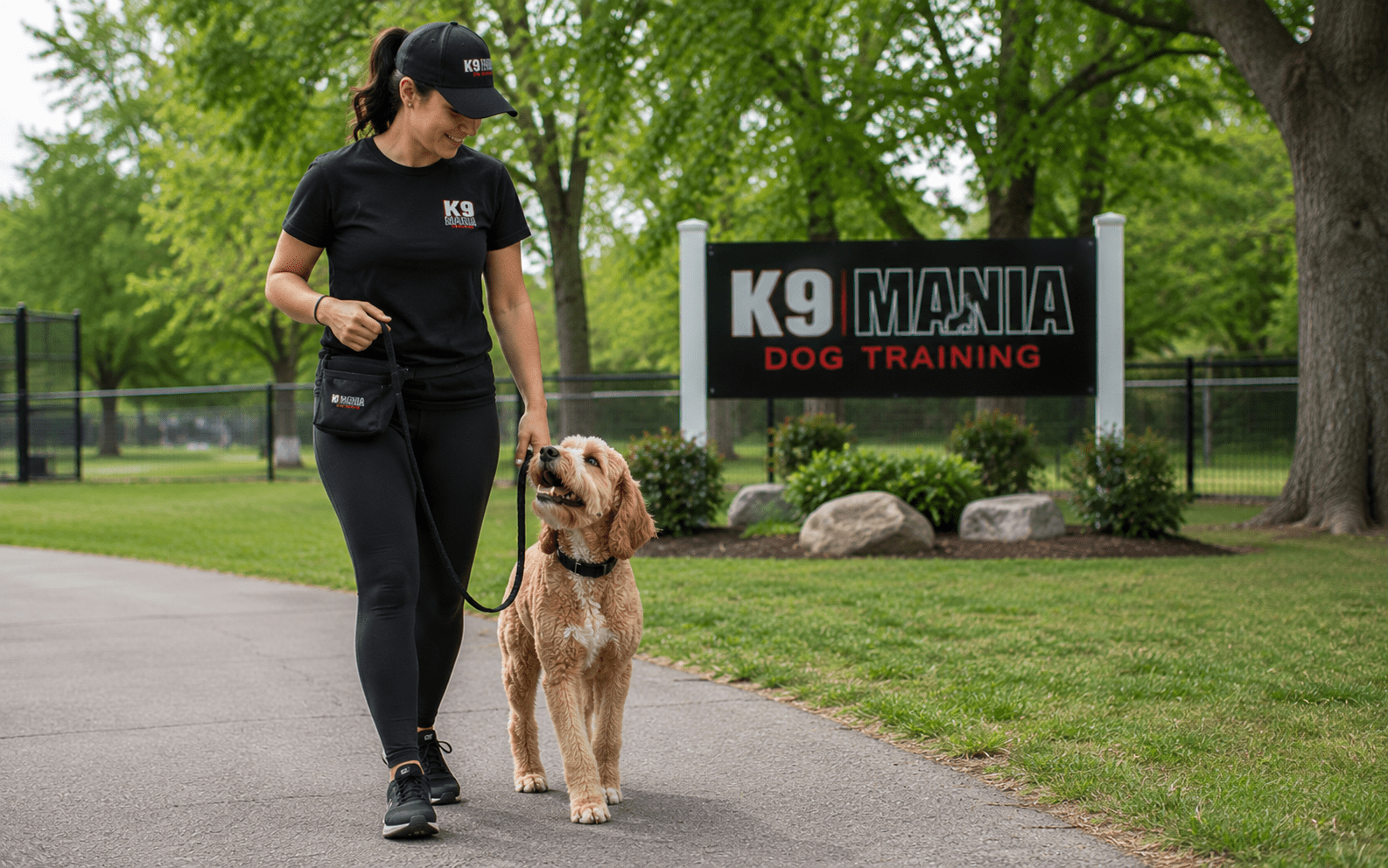 Leash Aggression in Dogs: Why It Happens and How to Fix It 5 A woman walks her dog on a leash by the “K9 Mania Dog Training” sign in a lush green park setting.