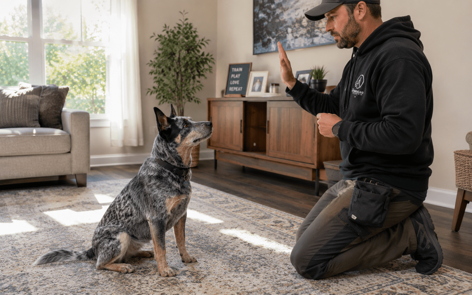 How to Train a Cattle Dog: Techniques That Actually Work for This High-Drive Breed 5 A man kneels and gives a hand signal while training a cattle dog at home with positive reinforcement.