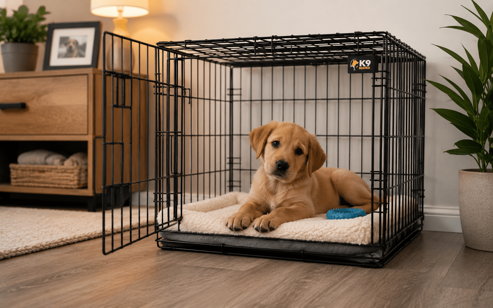 Puppy resting calmly inside an open wire crate with a blanket and toy