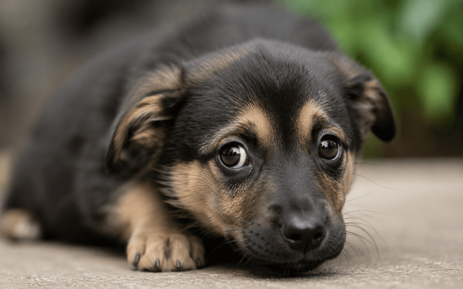 Puppy Fear Periods: What They Are and How to Help Your Dog Through Them 1 A small brown and black puppy lies on the ground, gazing up with wide eyes in this cute puppy image.