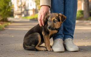 A person pets a small puppy on a sunlit path with greenery, showing outdoor fun with dogs and puppies.