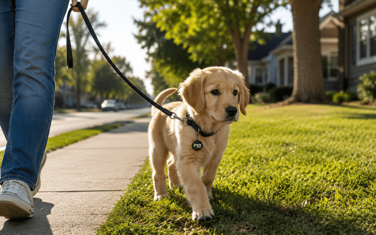 Puppy being walked on leash outside during a scheduled potty break