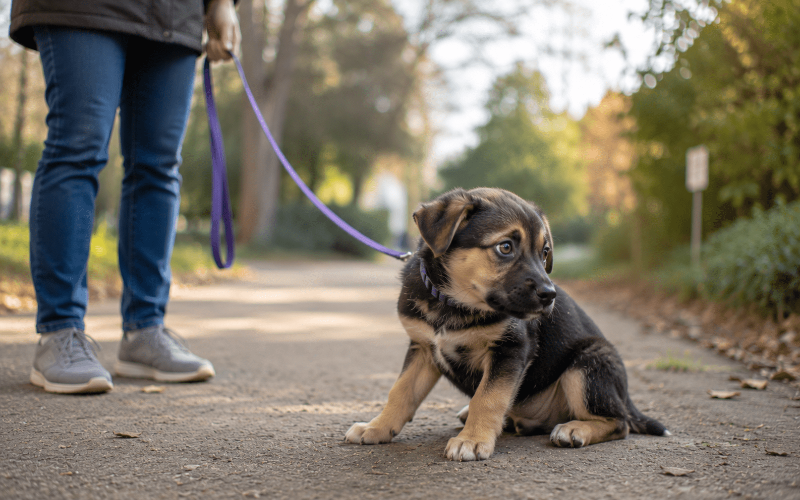 Puppy Fear Periods: What They Are and How to Help Your Dog Through Them 2 A person walks a small, alert puppy on a leash along a sunlit path lined with lush green plants.