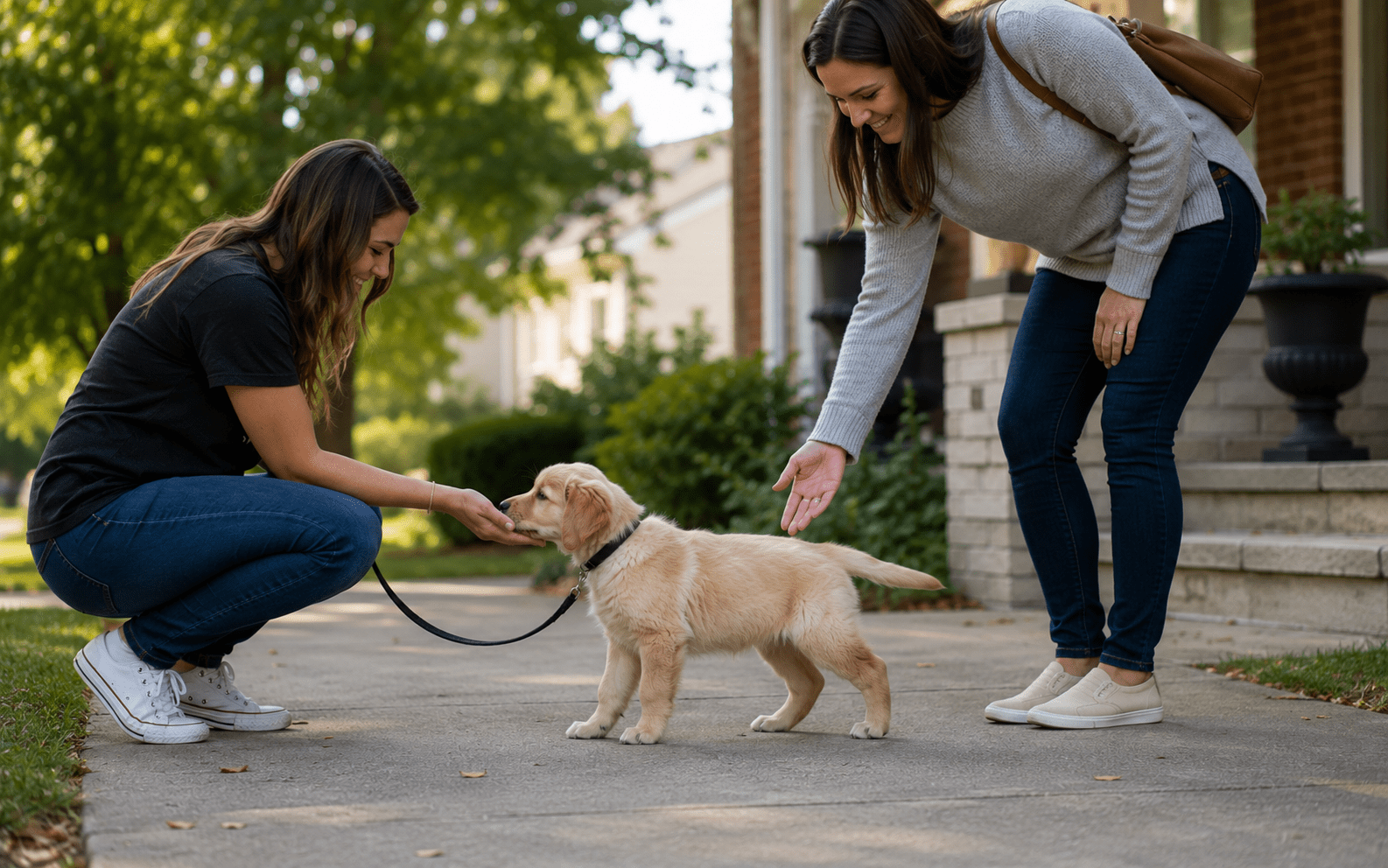 Puppy meeting a new person calmly during a socialization session