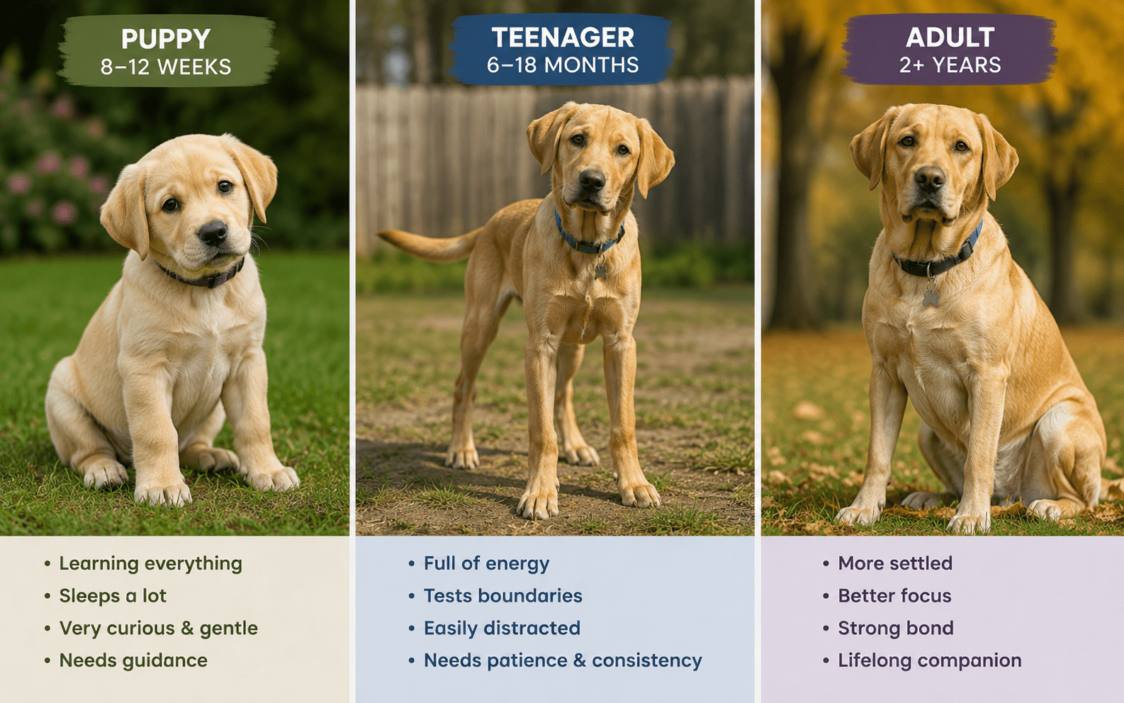 Adolescent Dog Behavior: What to Expect and How to Handle It 3 Three Labrador Retrievers at puppy, teenager, and adult stages sit outdoors showing age-related traits.