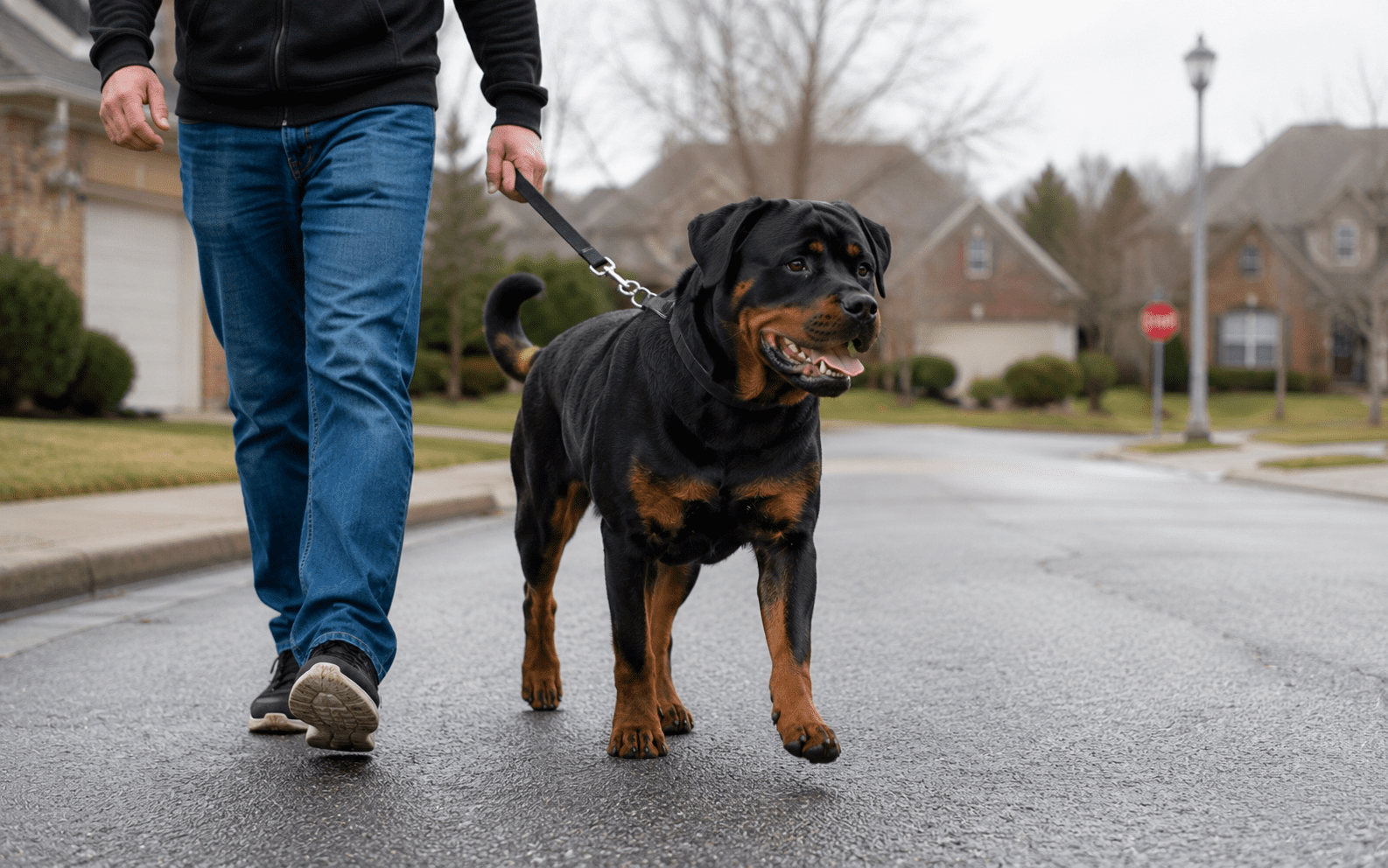 How to Train a Rottweiler: The Complete Guide for New and Experienced Owners 4 Adolescent Rottweiler leash training — large young Rottweiler walking on leash in residential neighborhood