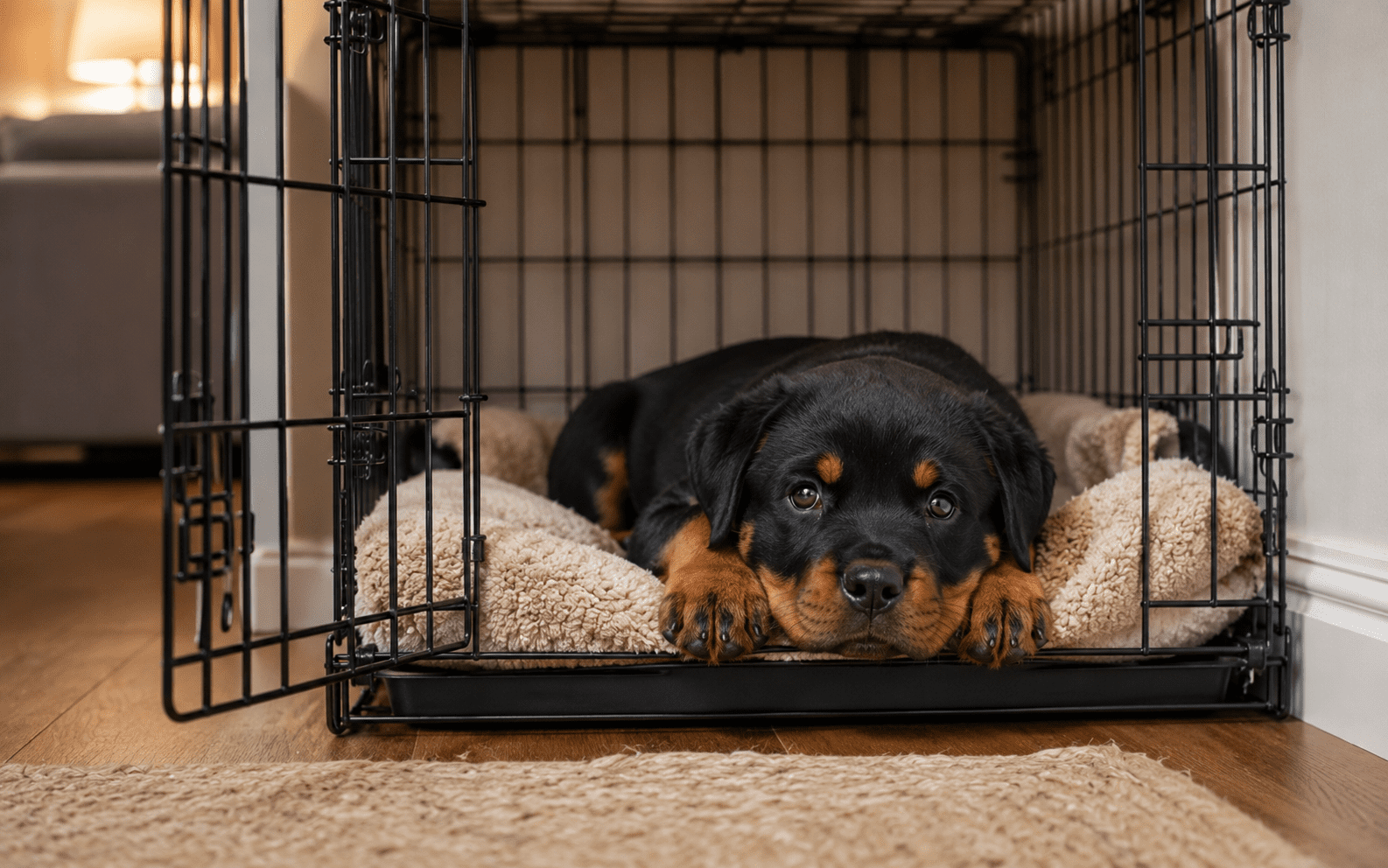 How to Train a Rottweiler: The Complete Guide for New and Experienced Owners 3 Rottweiler crate training — puppy resting calmly in an open wire crate at home
