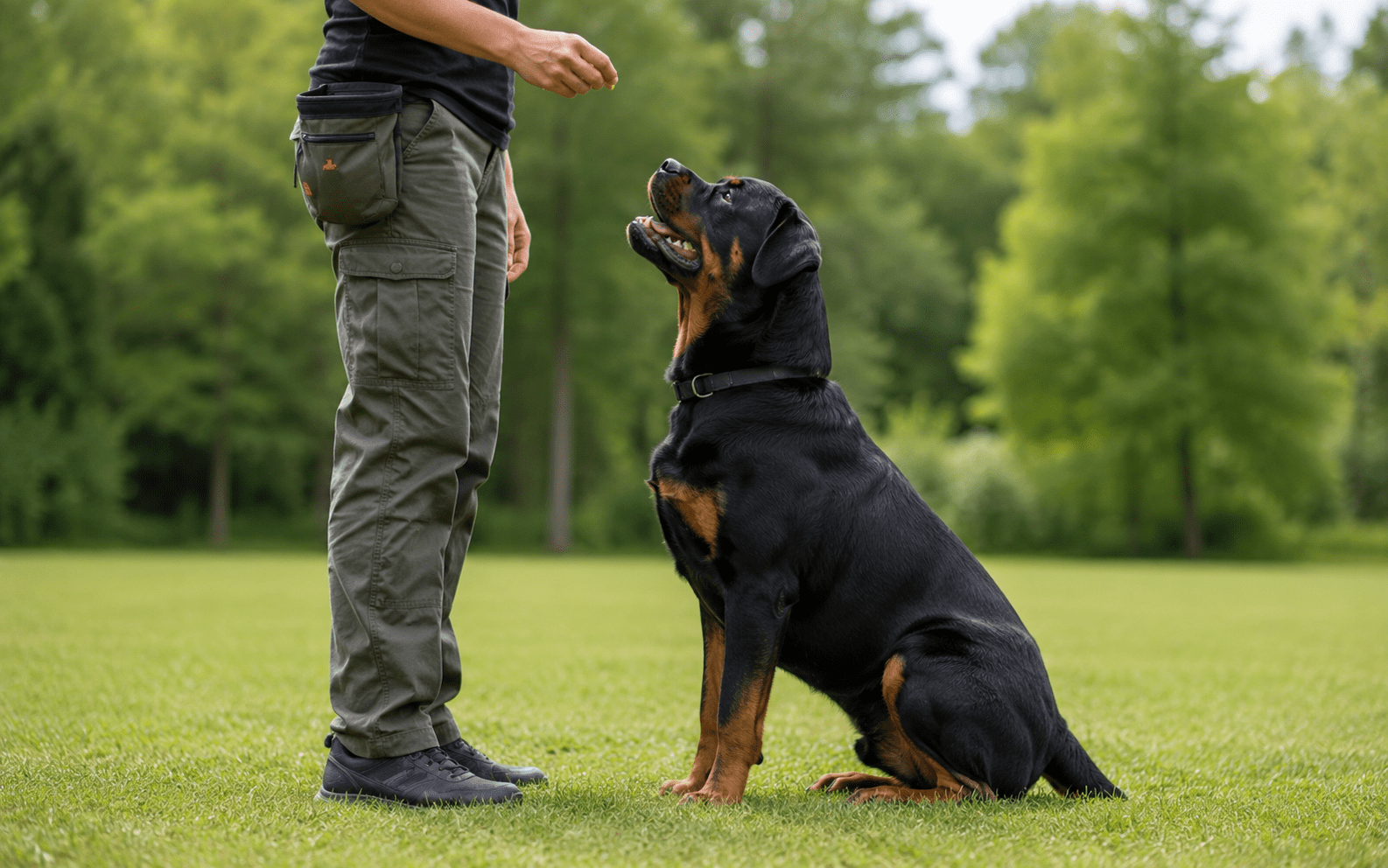How to Train a Rottweiler: The Complete Guide for New and Experienced Owners 2 Rottweiler obedience training — dog performing a sit command with trainer holding treat reward