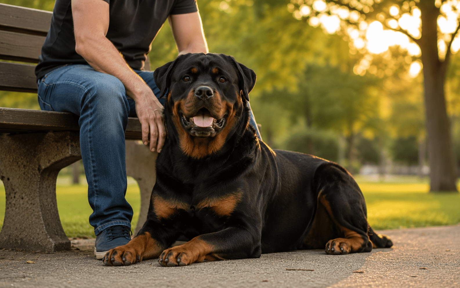 How to Train a Rottweiler: The Complete Guide for New and Experienced Owners 5 Rottweiler and owner bond — trained Rottweiler in down-stay next to owner on park bench