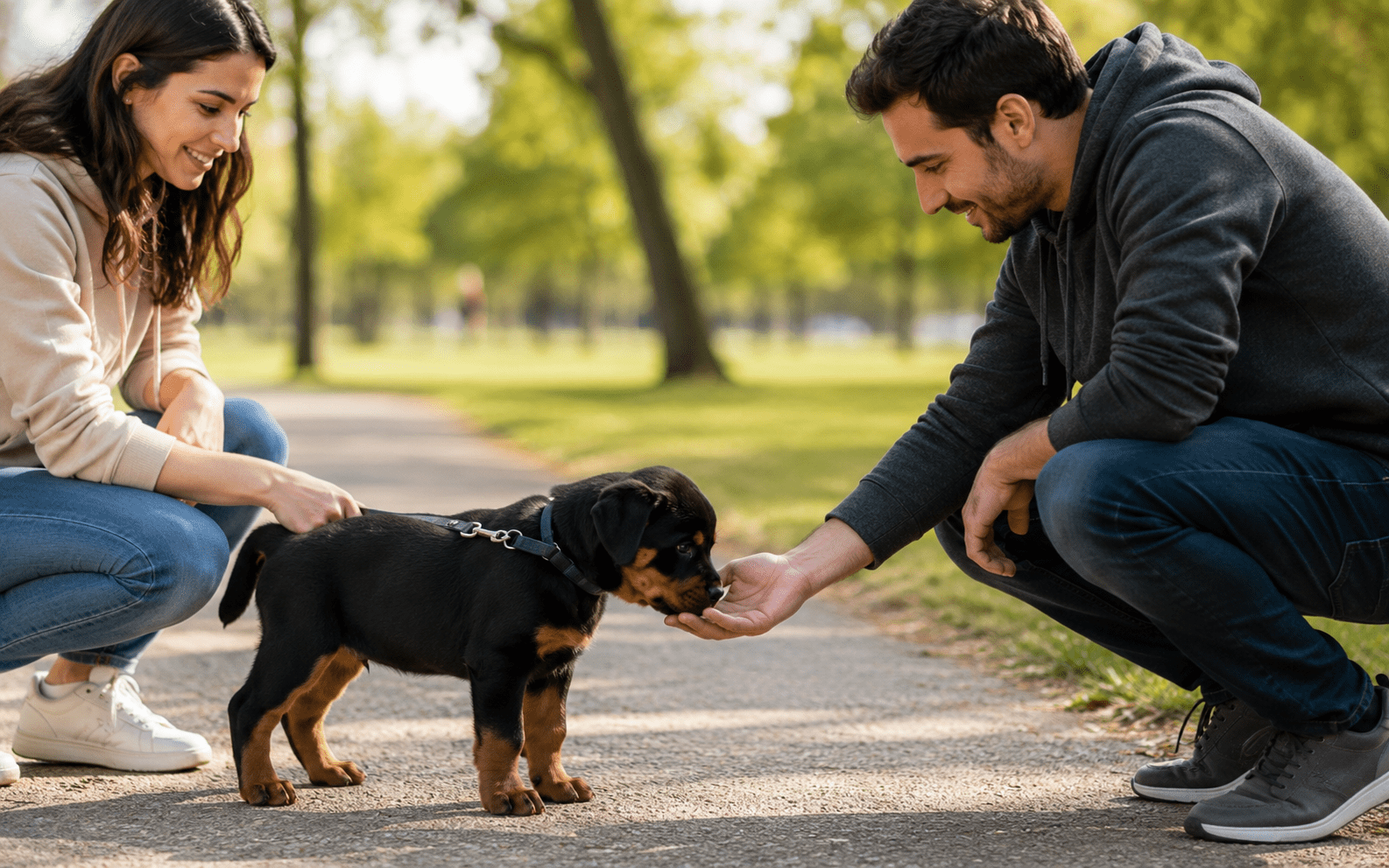 How to Train a Rottweiler: The Complete Guide for New and Experienced Owners 1 Rottweiler puppy socialization — puppy sniffing a stranger's hand during early training