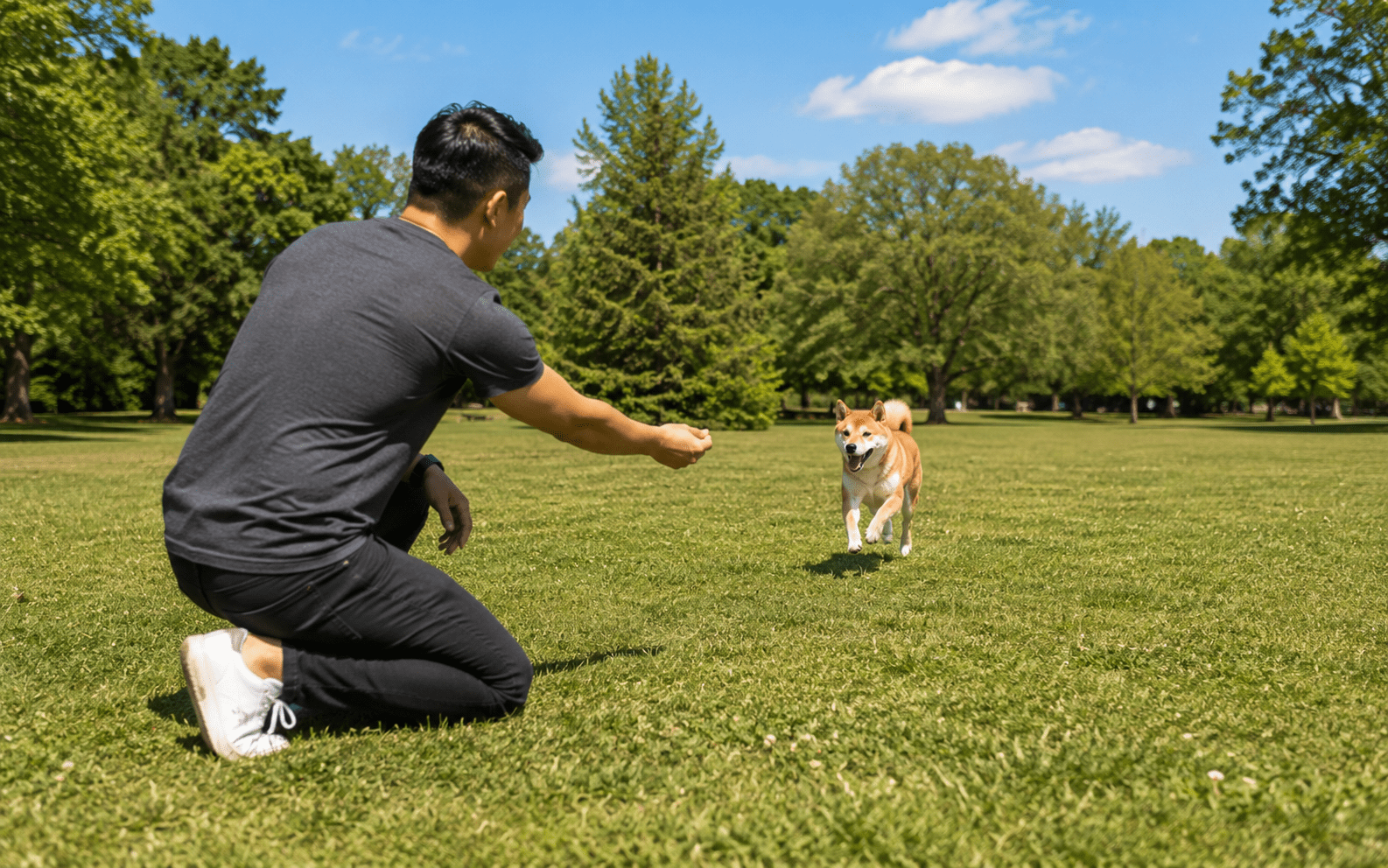 How to Train a Shiba Inu: Techniques That Actually Work for This Independent Breed 2 Owner practicing recall training with Shiba Inu in a park"