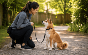 How to train a Shiba Inu — owner working with dog outdoors