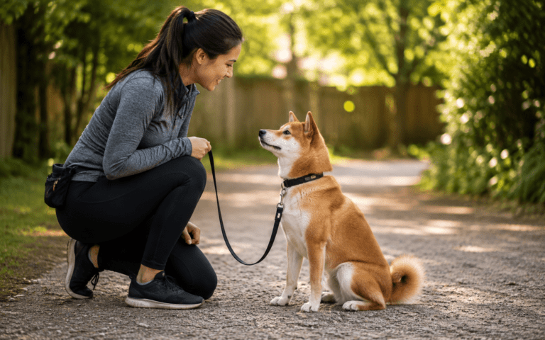 How to train a Shiba Inu — owner working with dog outdoors