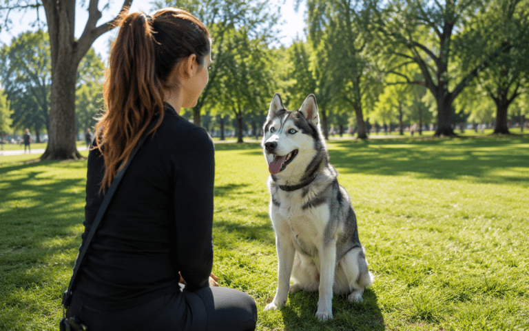 Siberian Husky sitting attentively during training