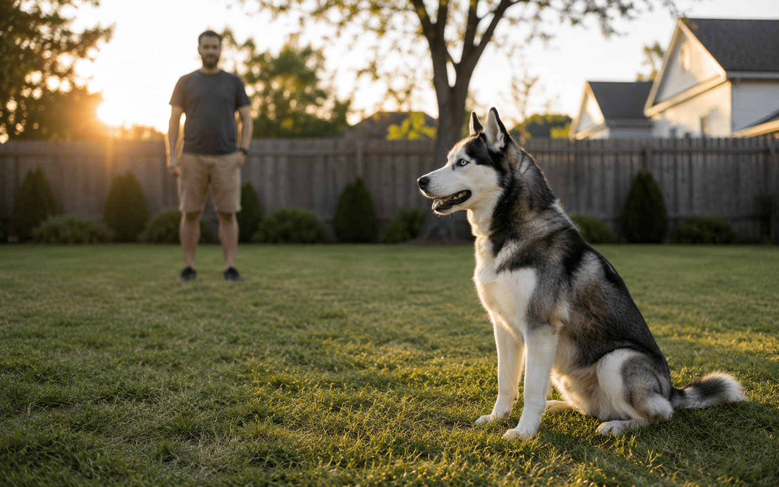 Siberian Husky Training: Proven Techniques for This Stubborn, Energetic Breed 2 Siberian Husky holding a sit-stay command in a backyard