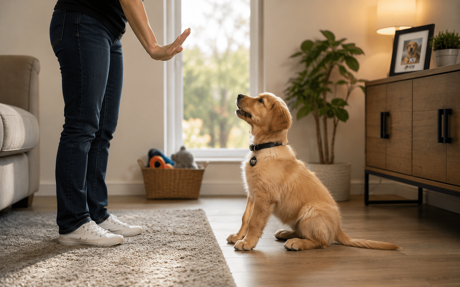 Owner teaching a puppy the sit command using a hand signal and treat 
