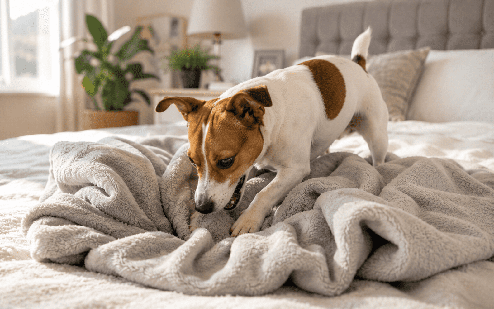 Why Does My Dog Dig in His Bed? 7 Reasons Behind This Strange Bedtime Ritual 2 A small brown and white dog playfully digs at a soft gray blanket on a cozy sunlit bed in the bedroom.