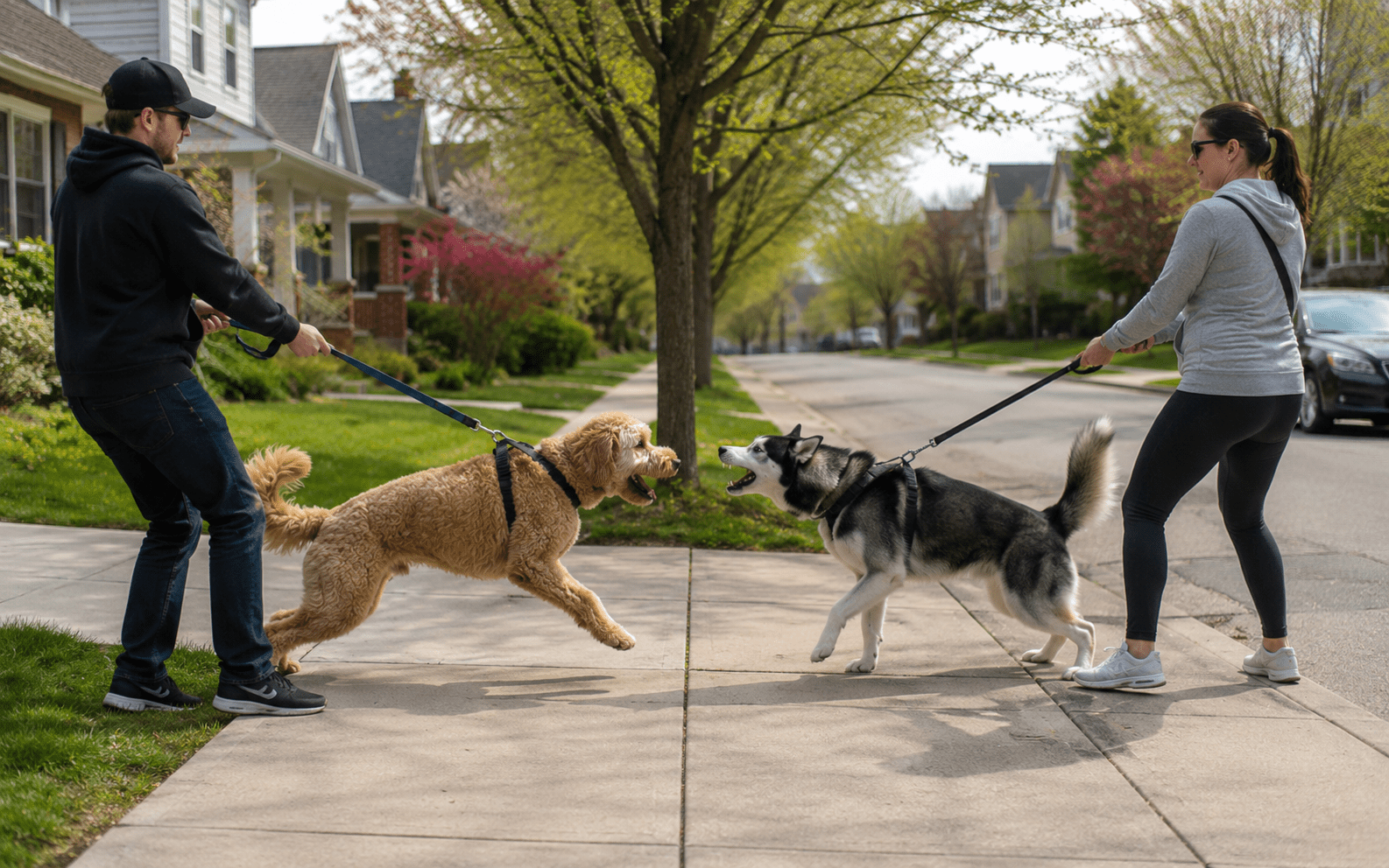 Leash Aggression in Dogs: Why It Happens and How to Fix It 2 Two people restrain excited dogs on leashes as the dogs lunge at each other on a suburban sidewalk.