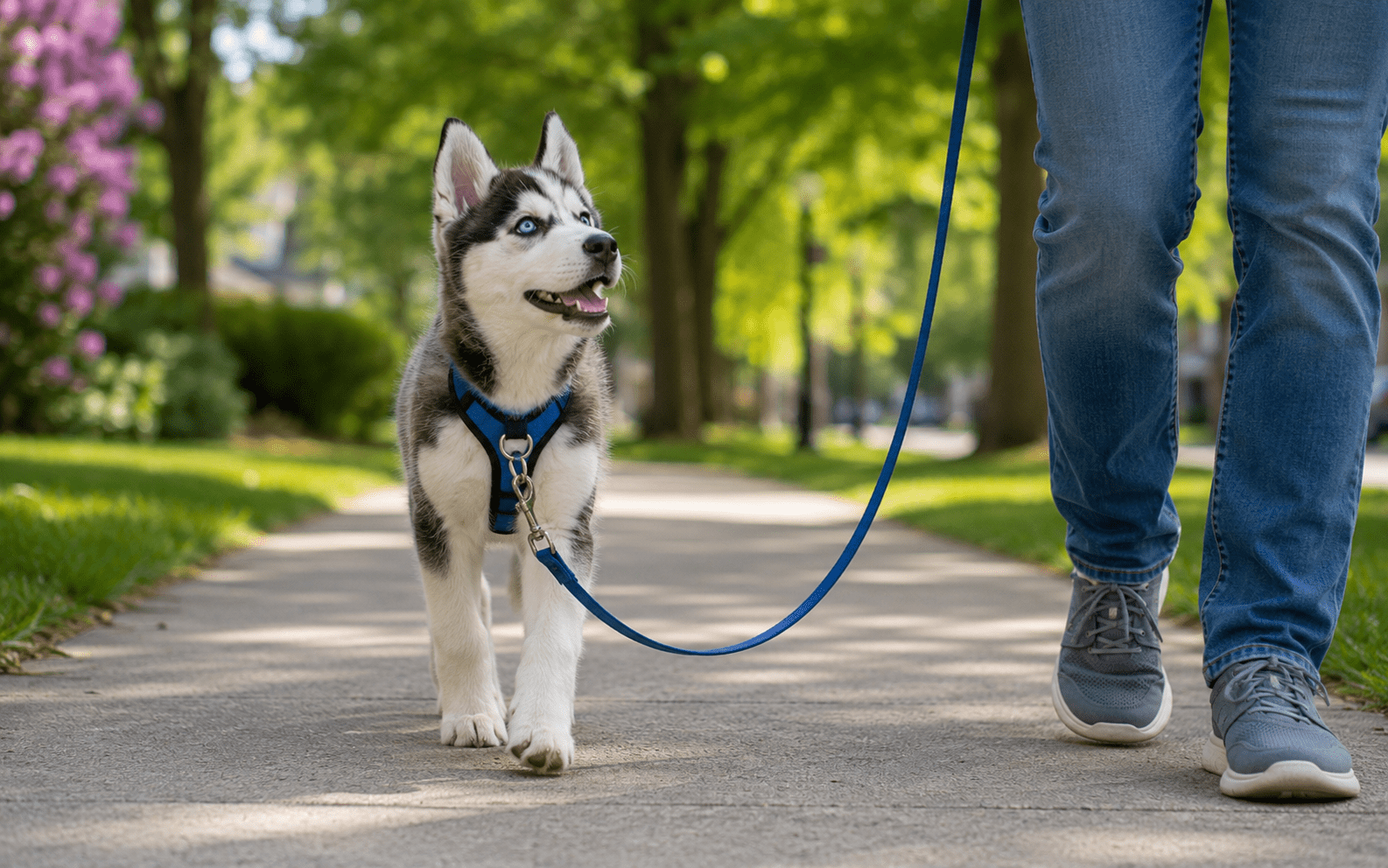 How to Train a Husky Puppy: Step-by-Step Guide (2026) 3 Husky puppy walking on leash with front-clip harness