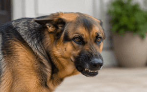 Calm, well-trained dog relaxing with its owner after behavior training. A German Shepherd shows its teeth while standing outdoors, appearing wary and defensive in natural light.
