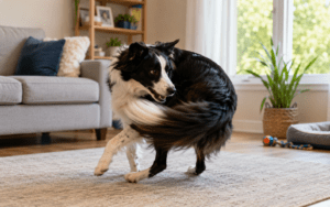 what is compulsive behavior in dogs. A black and white dog spins in a cozy living room, chasing its tail as sunlight fills the space.