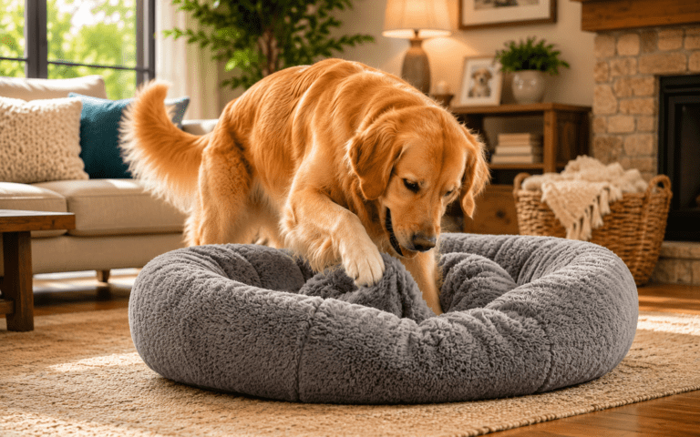 Golden retriever kneading a fluffy gray dog bed in a cozy, sunlit living room with warm decor.