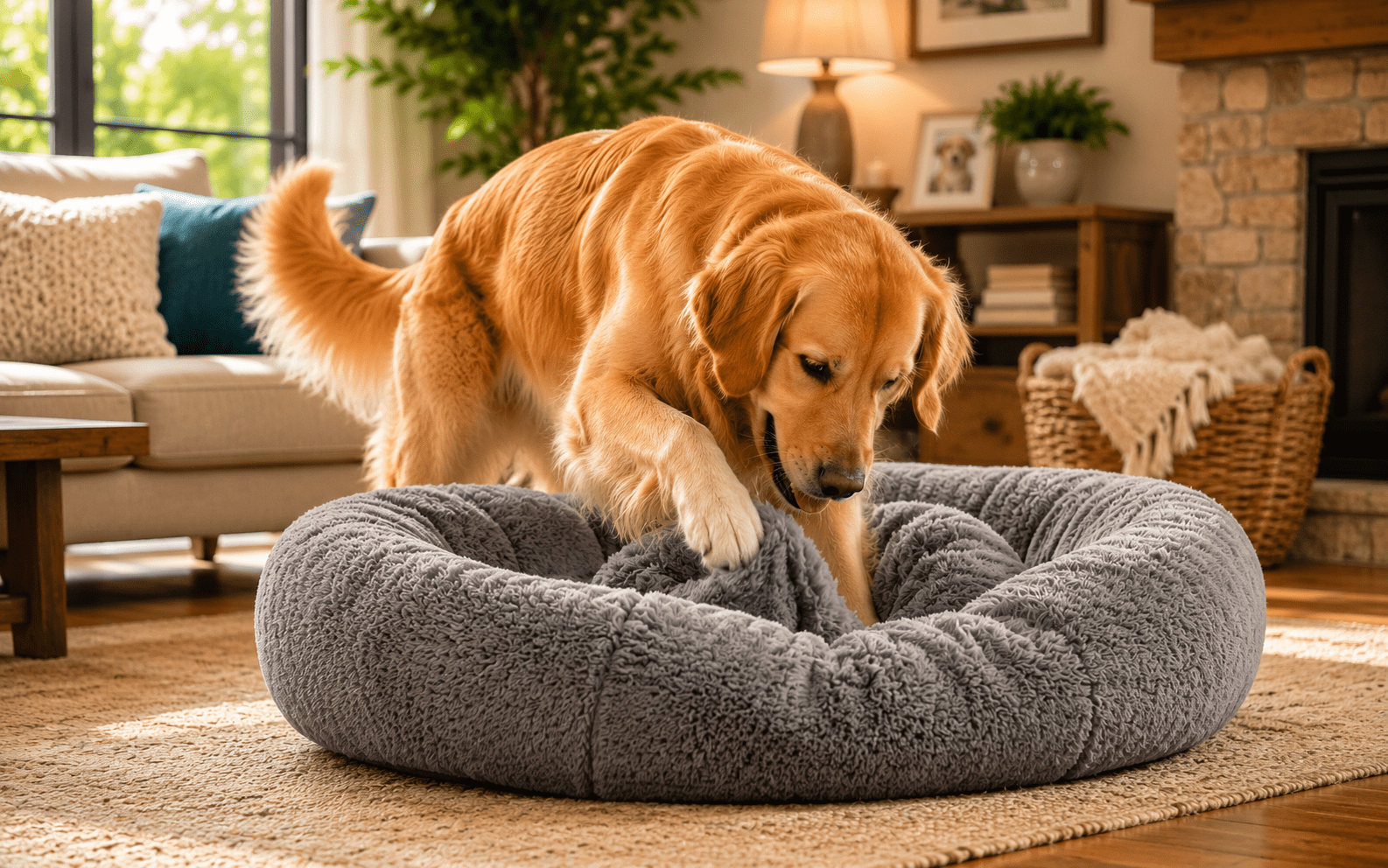 Golden retriever kneading a fluffy gray dog bed in a cozy, sunlit living room with warm decor.
