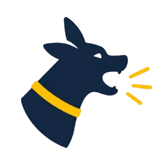 Board and Train Long Island 2 A dark blue dog head with a yellow collar is barking, shown by three yellow lines near its mouth.