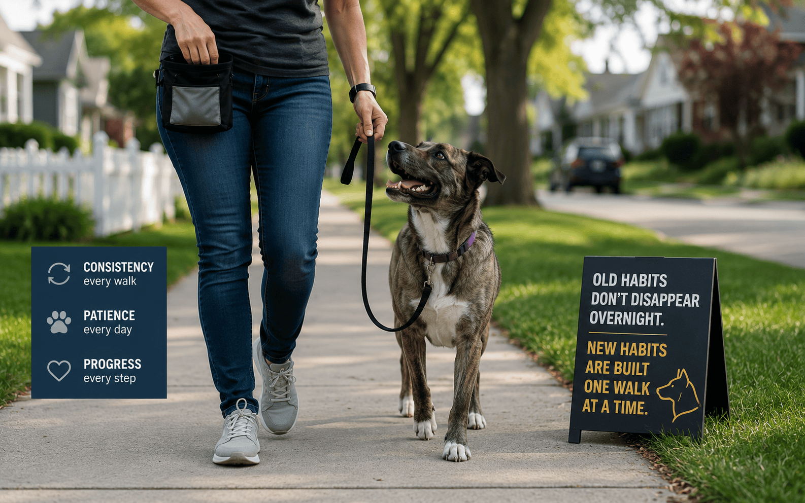 Training Puppies vs. Adult Dogs: What Actually Changes and Why It Matters 2 A person walks a joyful dog on a sidewalk lined with motivational training signs and lush greenery.