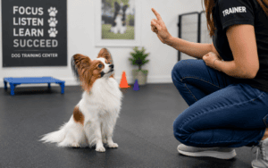 A dog trainer gives a command to a small, attentive dog during obedience training at a dog training center.