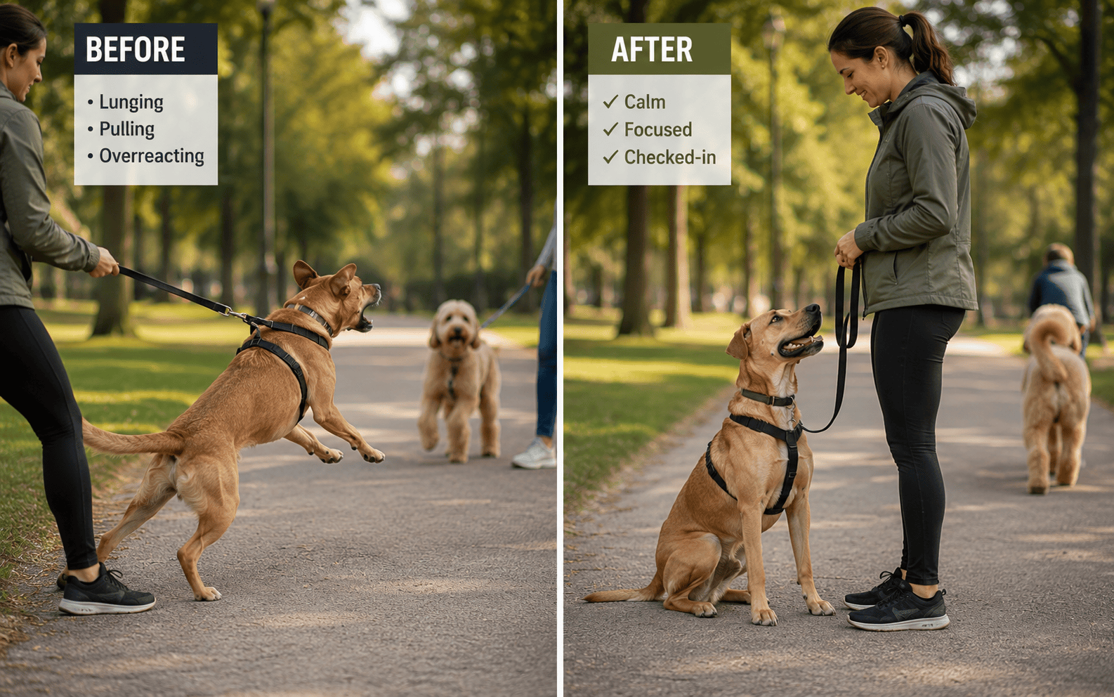Impulse Control Training for Dogs: Techniques, Timelines, and What Actually Works 5 Side-by-side image of a dog before training, lunging on leash, and after training, sitting calmly with owner.