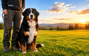A large, fluffy dog sits by a trainer on a grassy field at sunset with mountains in the background.