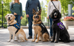 Three service dogs wearing vests sit next to their handlers outdoors, highlighting service dog teamwork.