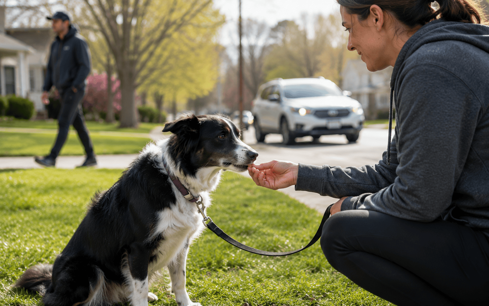 Board and Train for Fearful Dogs: What Really Happens and What to Expect 3 A woman crouches on grass feeding a treat to a black-and-white dog on leash; people and cars are behind.