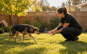 A woman crouches in a sunny backyard, gently encouraging her cautious dog to come closer.
