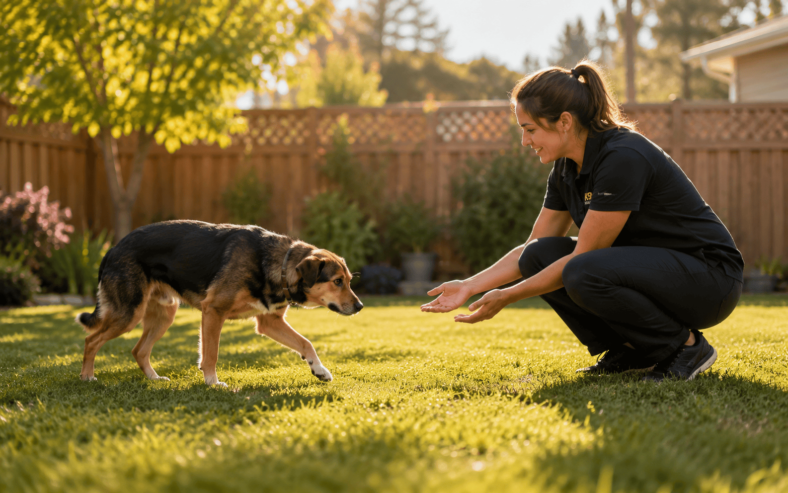 A woman crouches in a sunny backyard, gently encouraging her cautious dog to come closer.