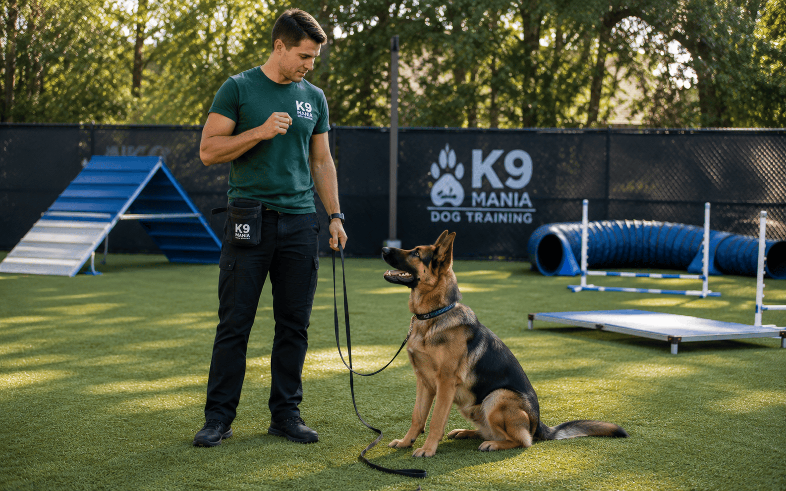 Kennel vs Dog Boarding: Which Option Is Right for Your Dog? 3 A man in a green shirt works with a German Shepherd at an outdoor K9 dog training facility.