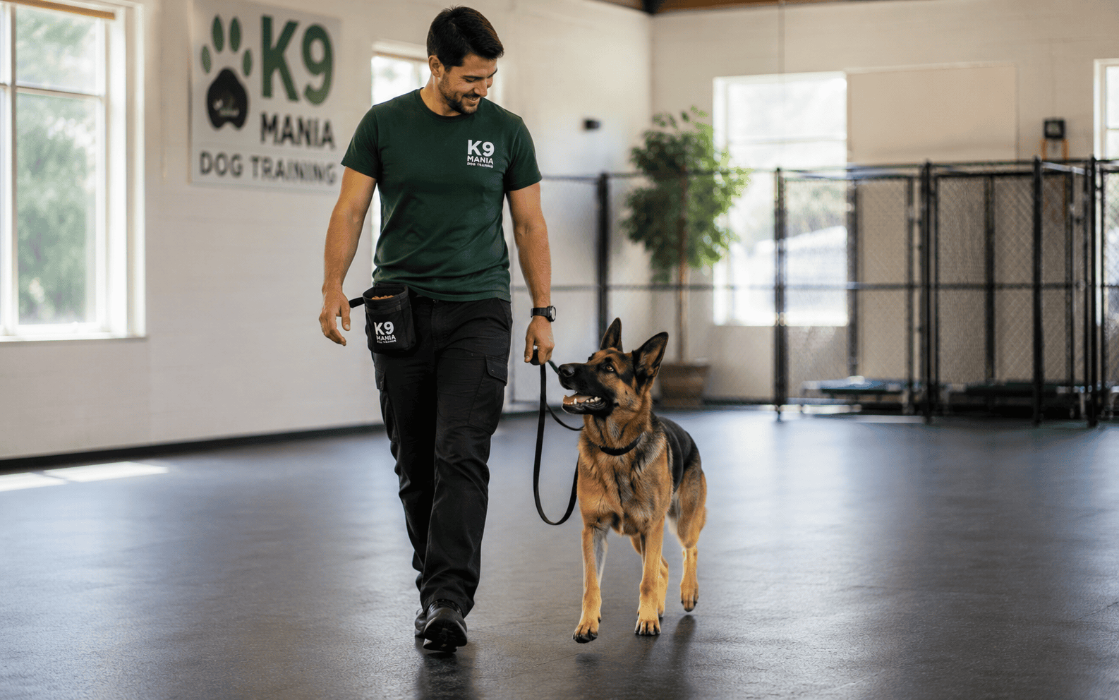 Dog Boarding vs. Pet Sitting: Which Option Is Right for Your Dog? 4 A man in a green shirt walks a German Shepherd dog on a leash at an indoor dog training facility.
