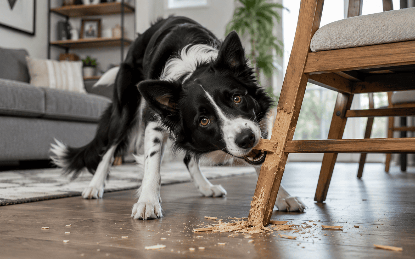 A black and white dog chews a wooden chair leg in a living room, wood shavings scattered on the floor.