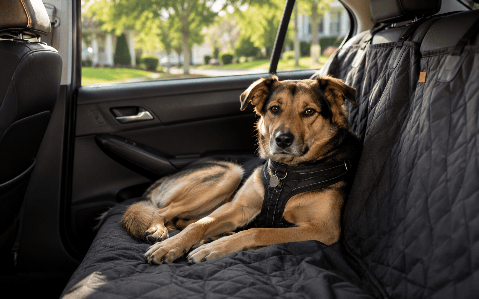 A dog with a harness rests on a black seat cover in a car's backseat as sunlight streams through the window.