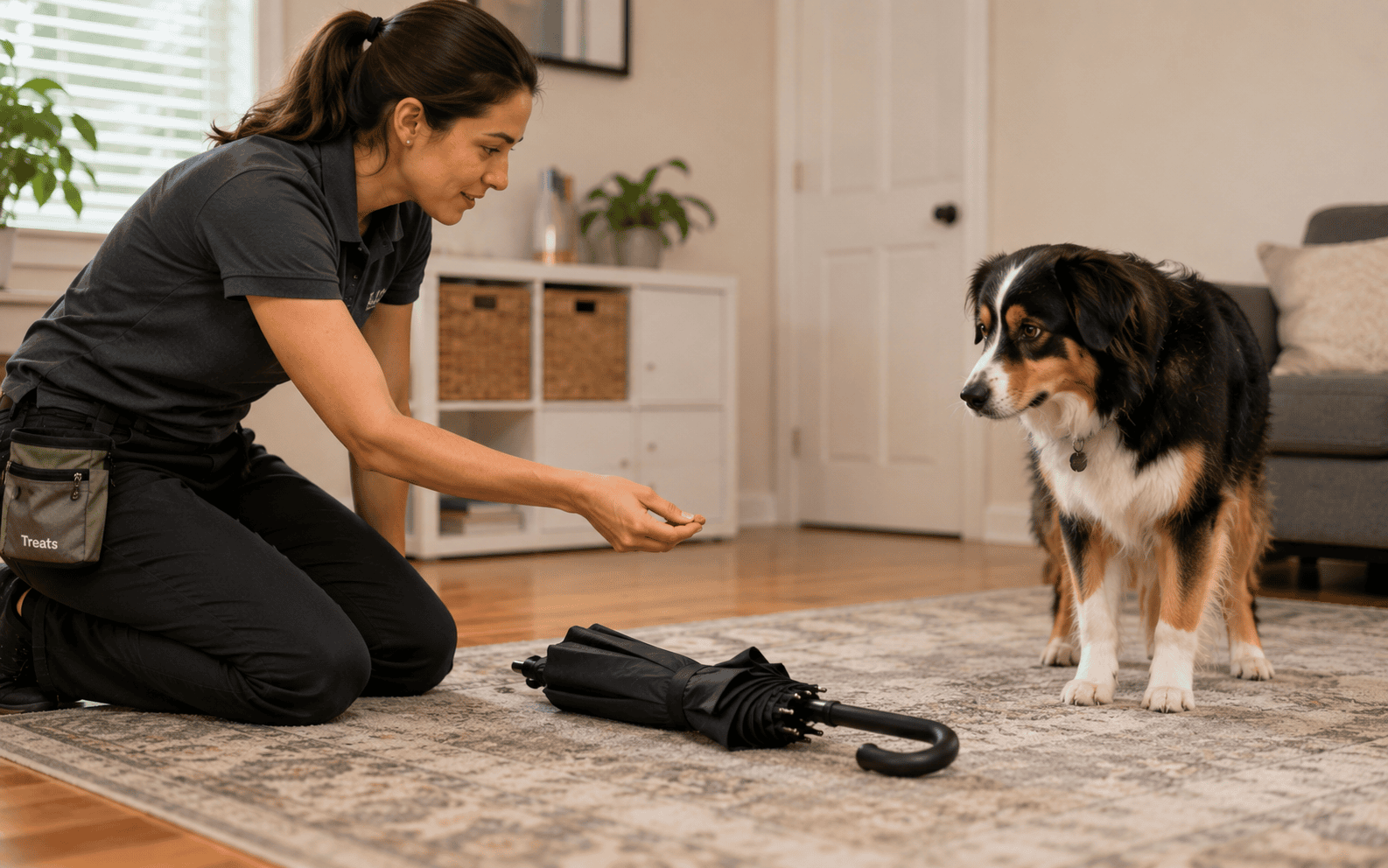 Board and Train for Fearful Dogs: What Really Happens and What to Expect 2 A woman kneels on a rug indoors, training her dog with a treat beside a closed umbrella.