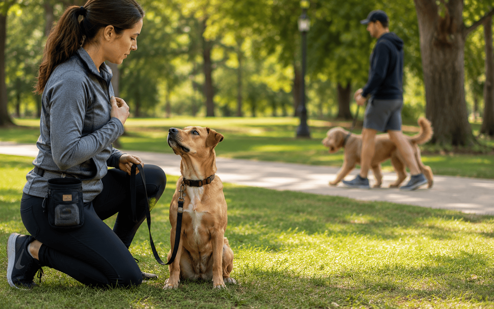 Impulse Control Training for Dogs: Techniques, Timelines, and What Actually Works 4 A woman kneels to train her dog in a sunny park as another person walks a dog along a path in the background.