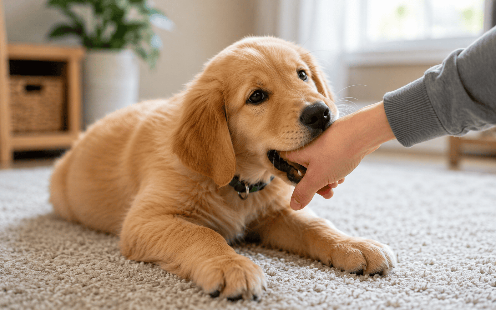 A golden retriever puppy playfully bites a person’s hand while lying on a soft, indoor carpeted floor.