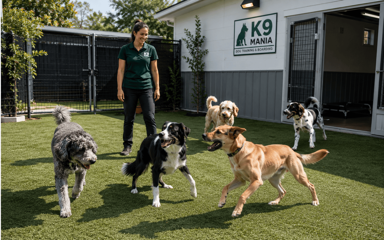 Dog Boarding vs. Pet Sitting: Which Option Is Right for Your Dog? 1 A woman at K9 Mania stands outside with five playful dogs on artificial grass near the training facility.