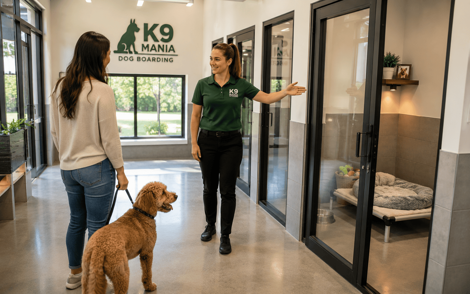 Kennel vs Dog Boarding: Which Option Is Right for Your Dog? 5 A staff member guides a woman and her dog through a kennel room at K9 Mania Dog Boarding facility.