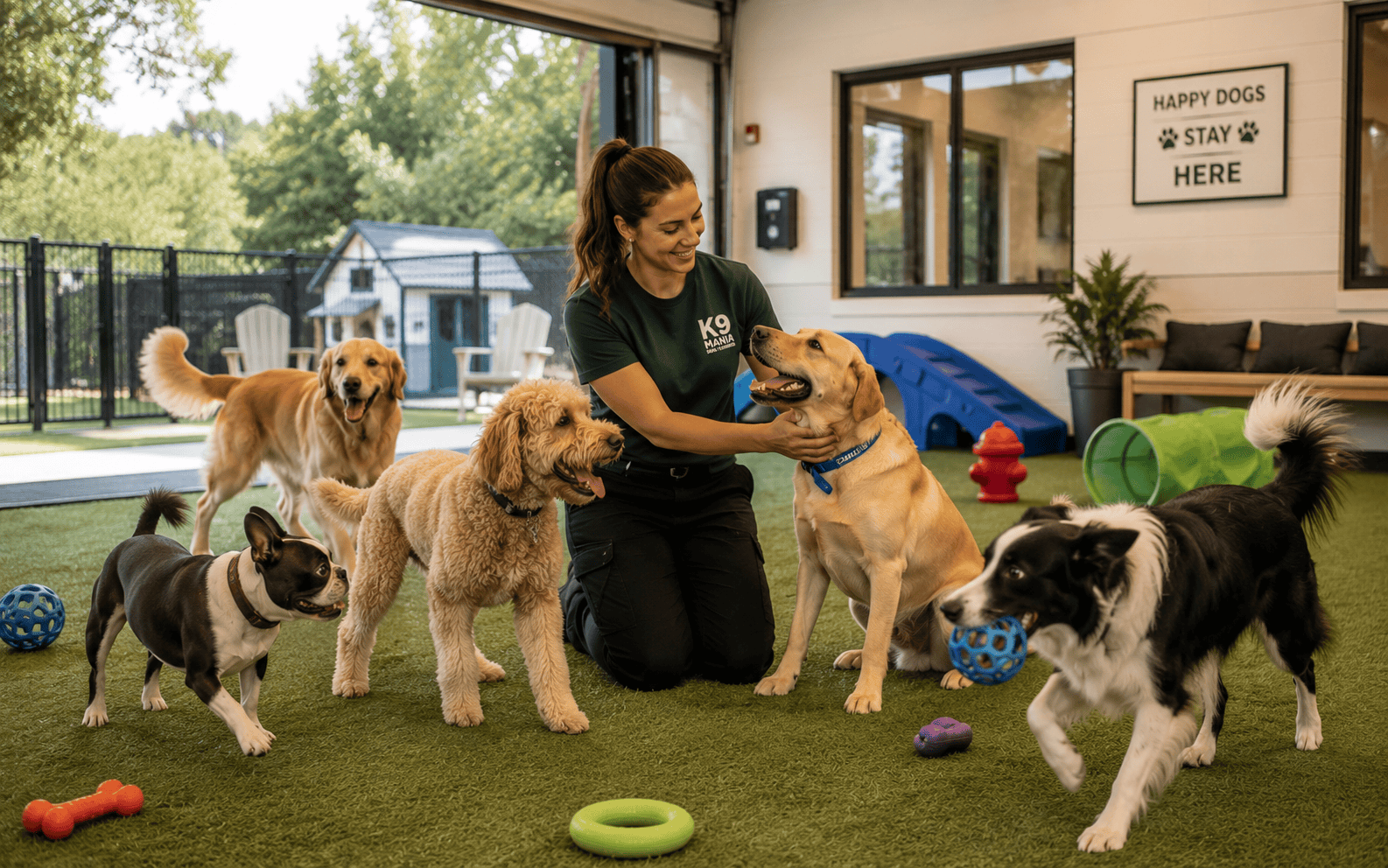 Kennel vs Dog Boarding: Which Option Is Right for Your Dog? 2 A woman kneels on artificial grass as five happy dogs play with toys at an indoor dog daycare facility.